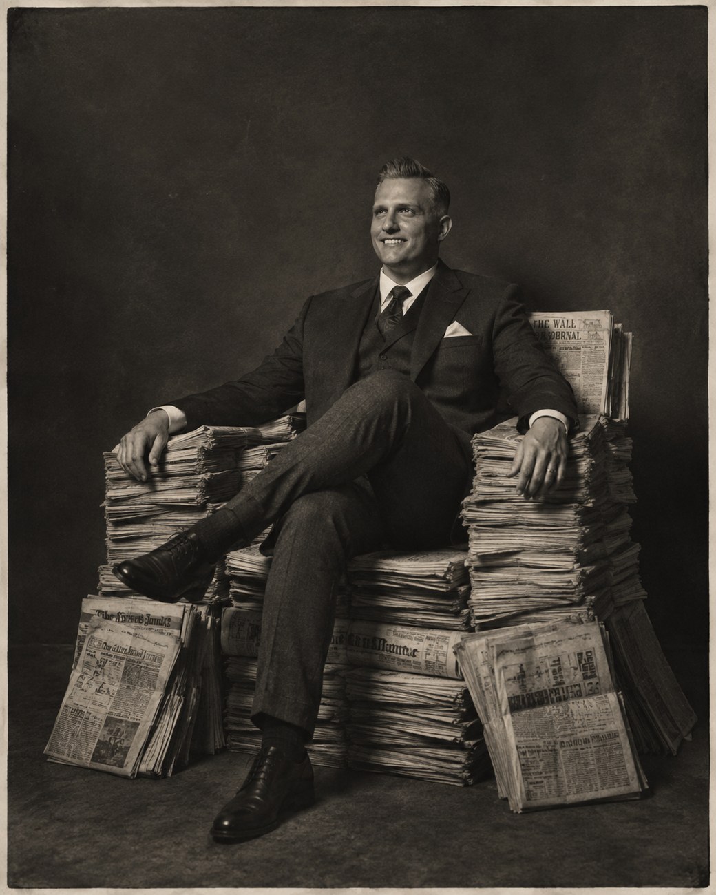 Shane Pierson seated on a throne built from stacked newspapers
