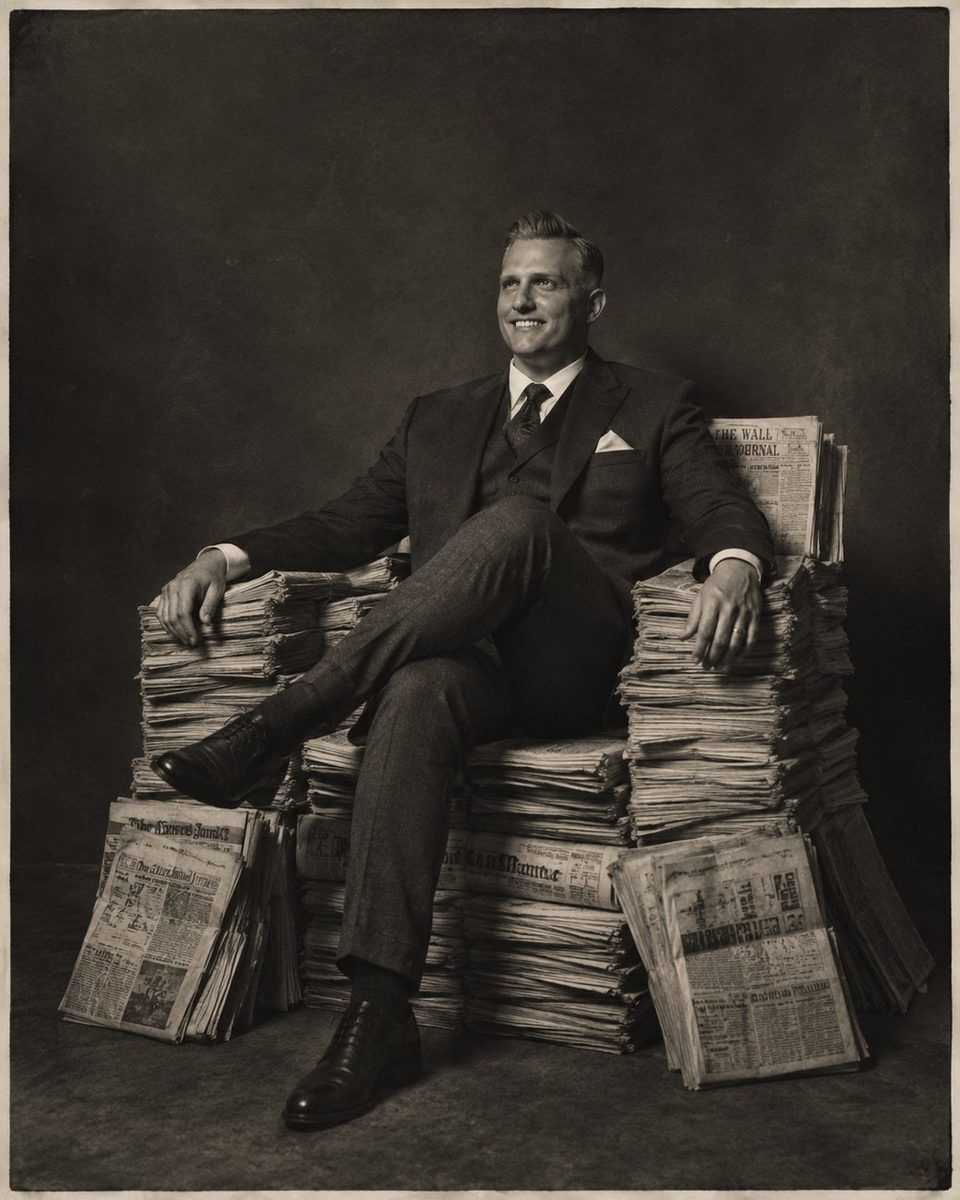 Shane Pierson in a three-piece suit, seated on stacked newspapers.