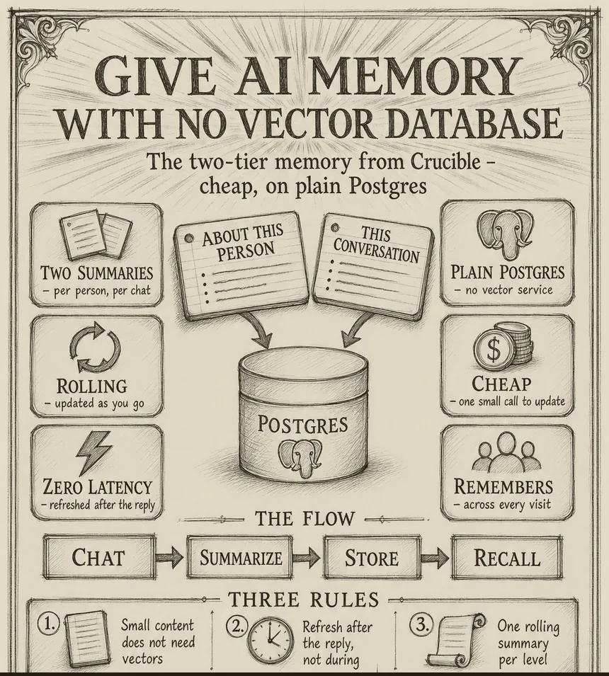 Hand-drawn blueprint: How to give AI memory with no vector database