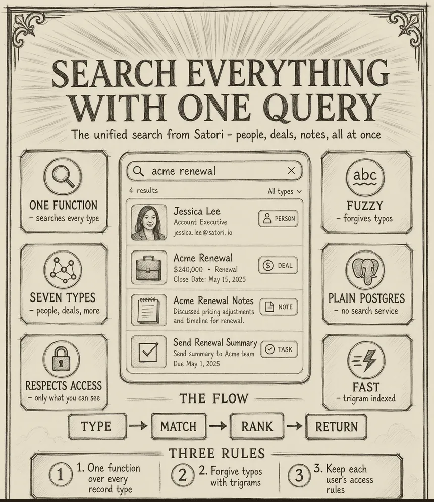 Hand-drawn blueprint: How to search everything you have with one query